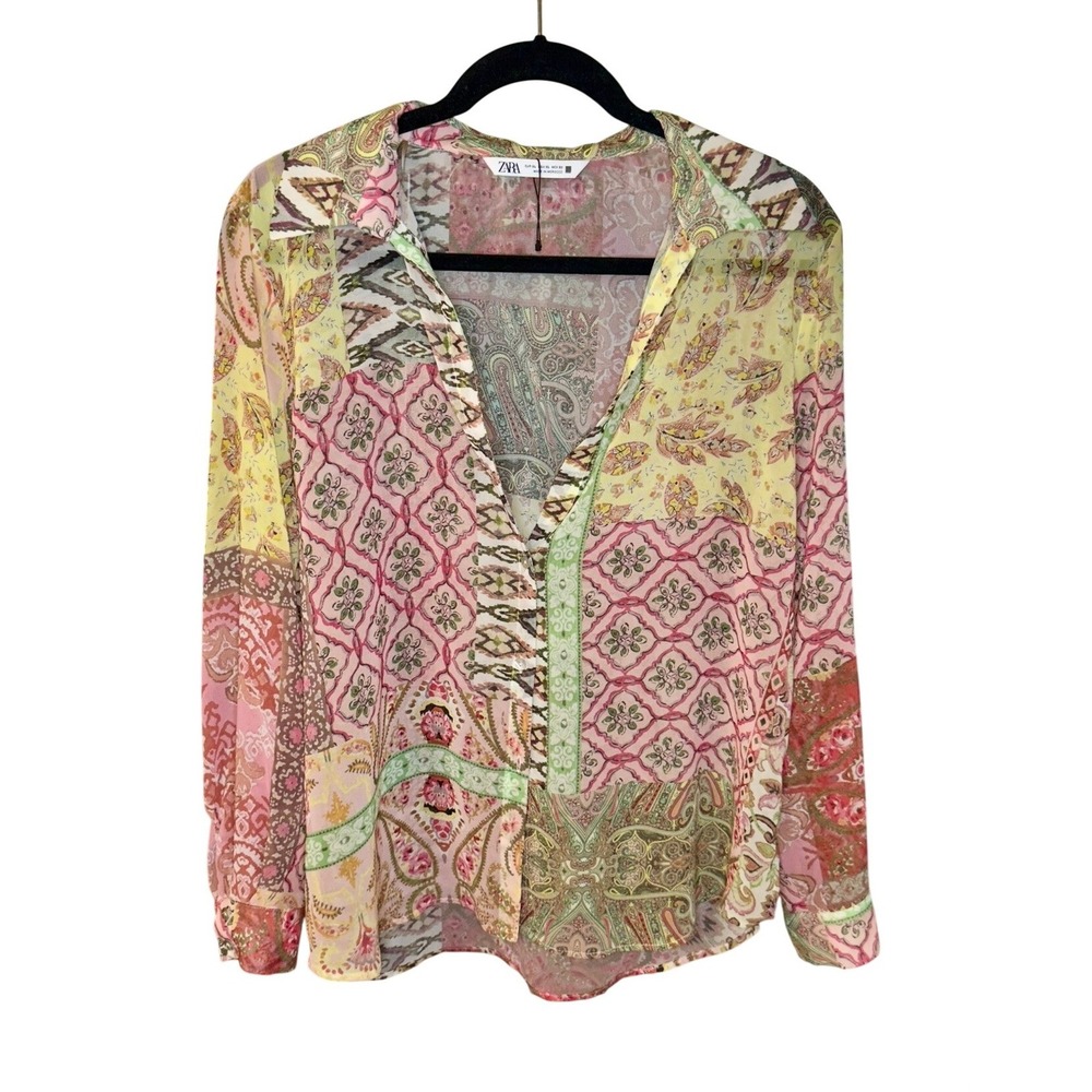 Zara Semi-Sheer Patchwork Boho Blouse Size XL - image 1
